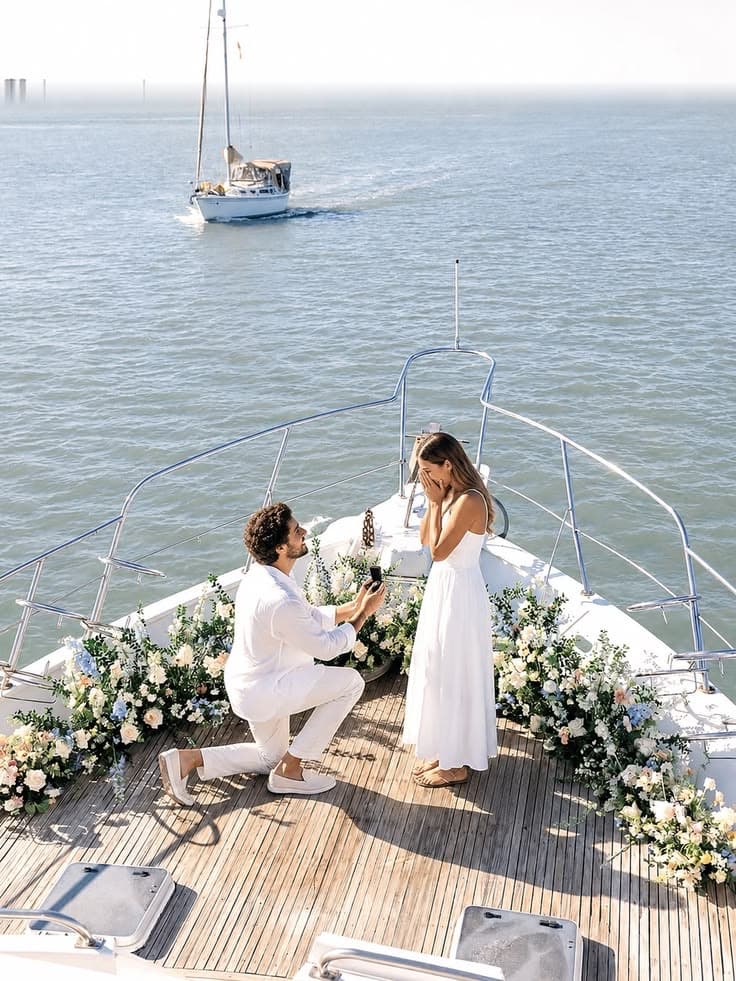 Proposal arranged on the bow of a private yacht